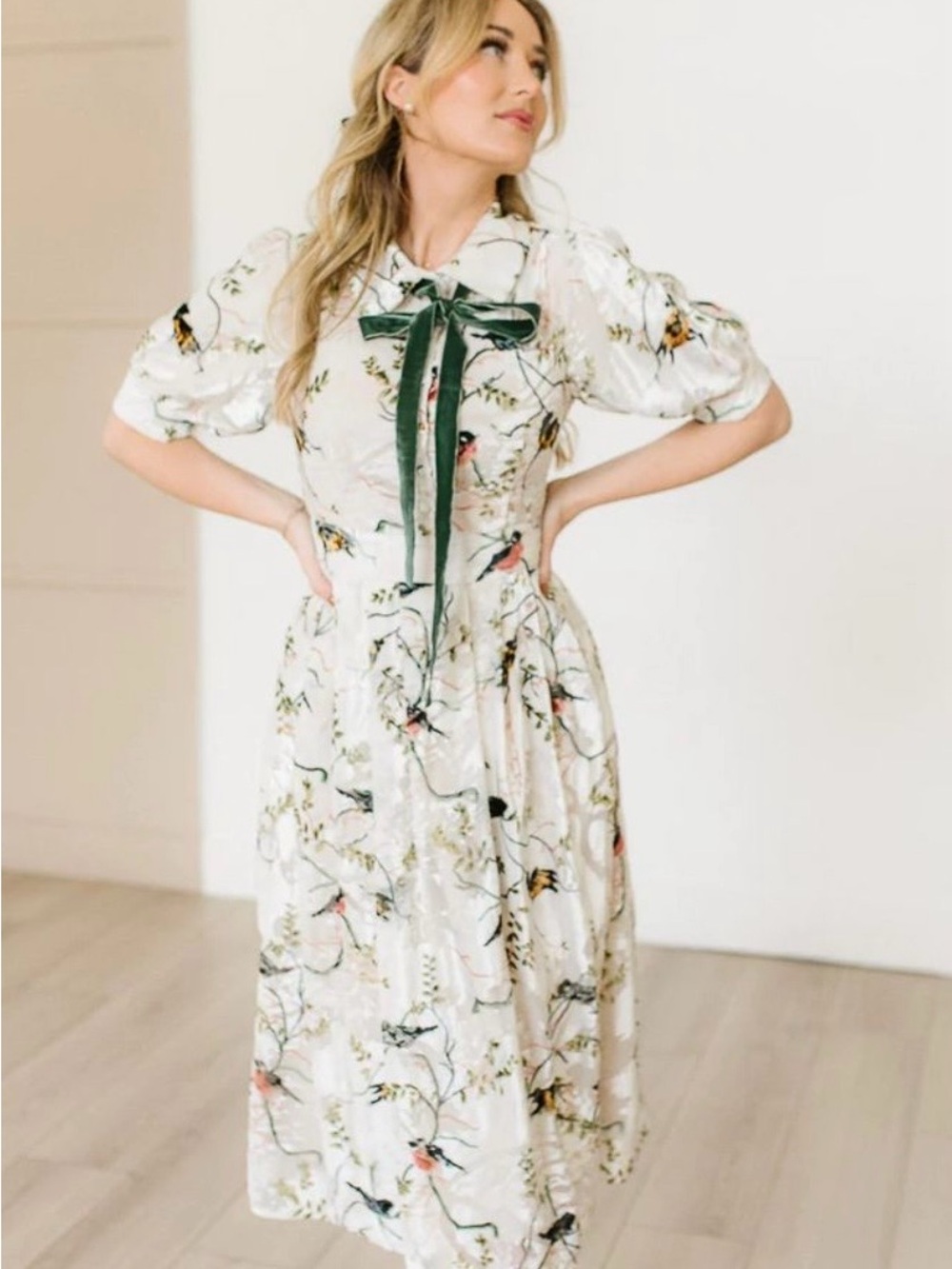 Ivy City Co Cream Floral  Delaney Midi Dress with Green Velvet Neck Tie